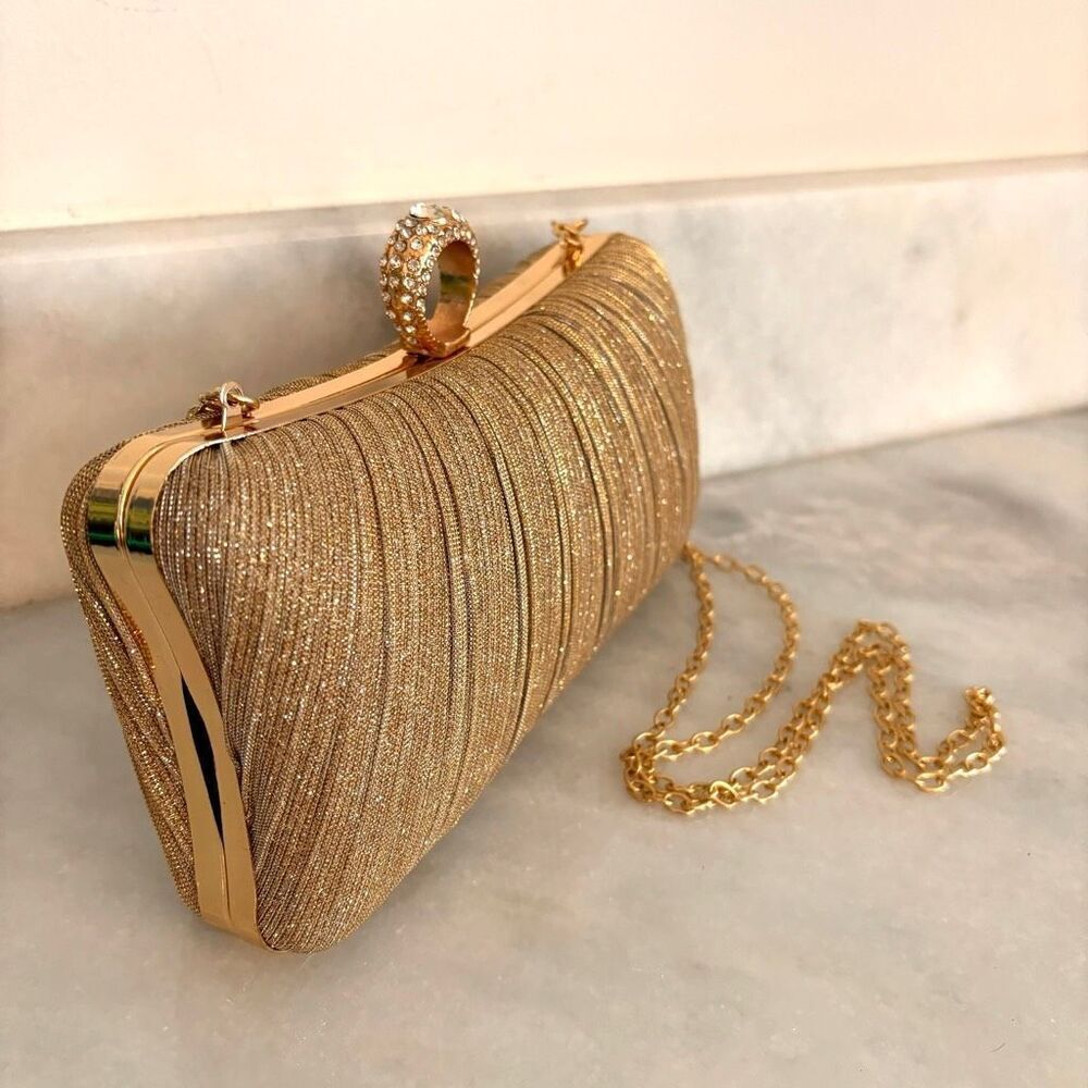 Iwish Bella Collection Glitter Clutch Rhinestone Purse Pleated Evening Bag Gold